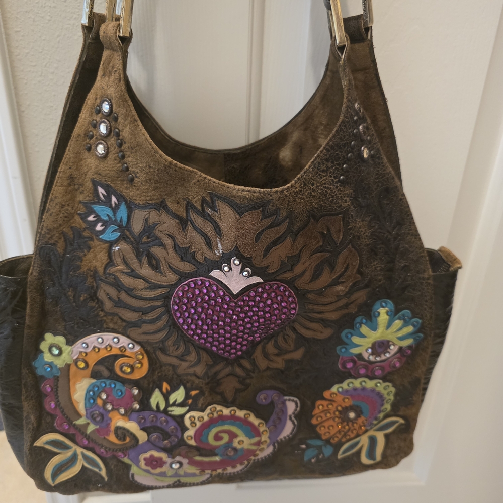 Kippys Brown Shoulder Bag with Colorful Embroidery